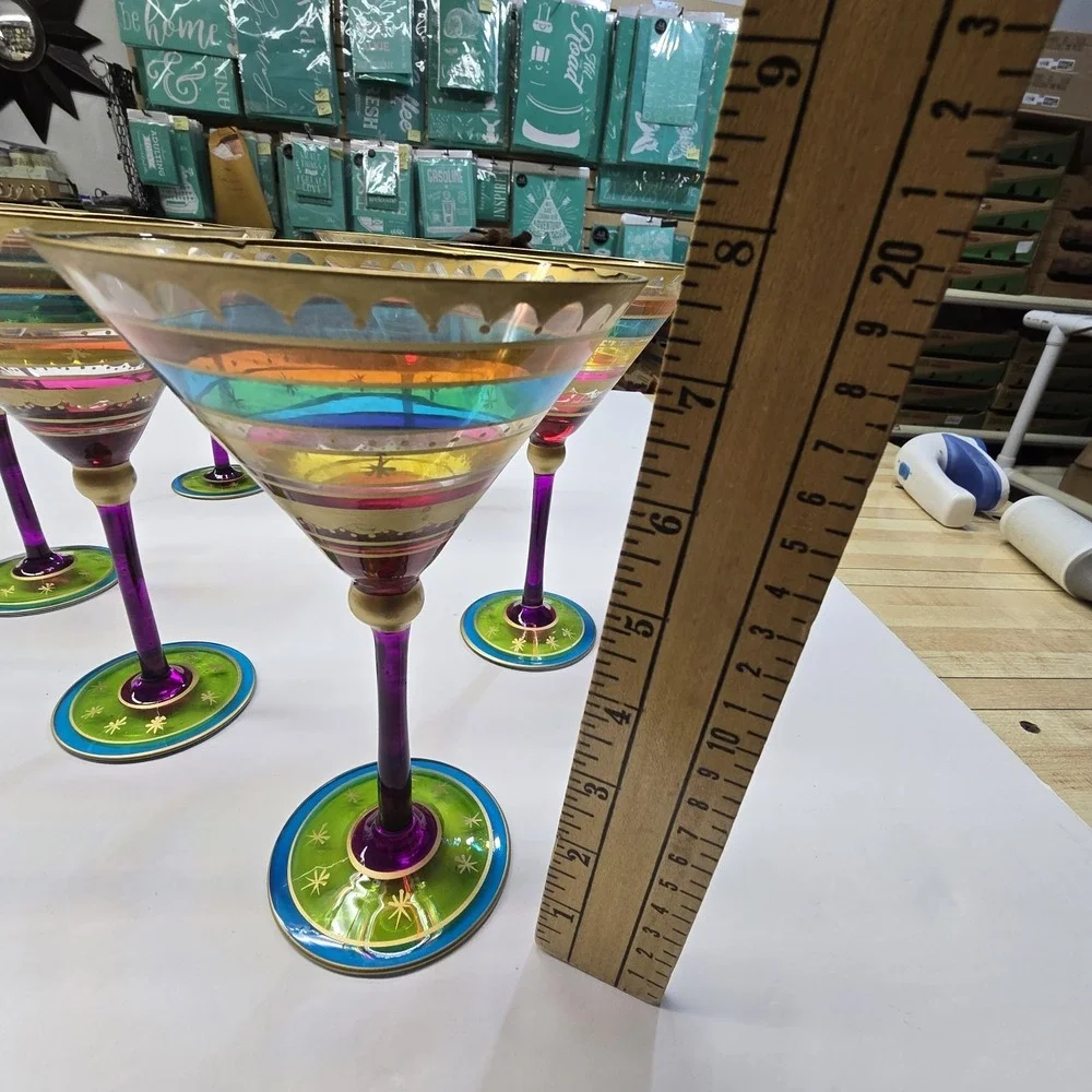 Pier 1 Festive Hand Painted Colorful Stripe Martini Glasses Set of‎ 6 EUC FIesta